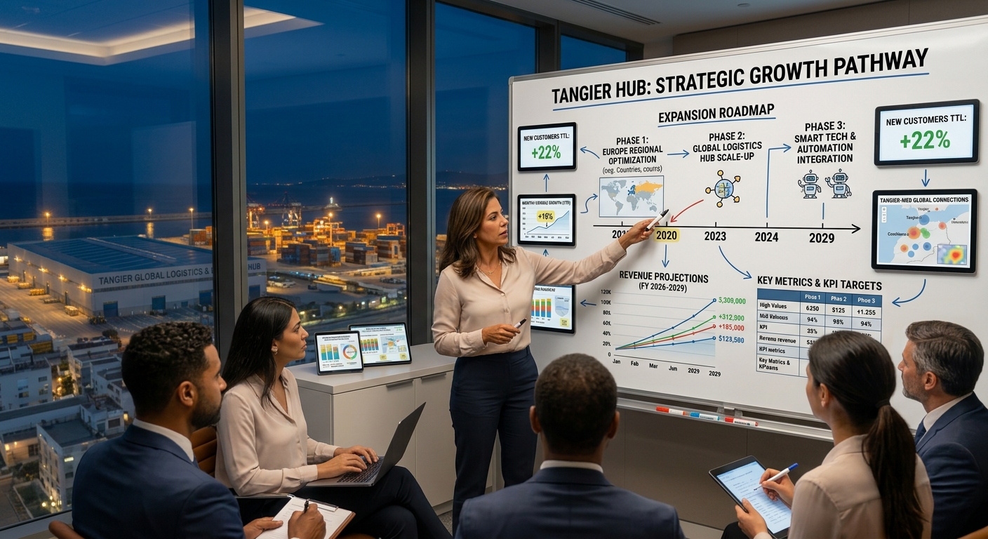 Business growth strategy session with team analyzing revenue projections and expansion roadmap on whiteboard