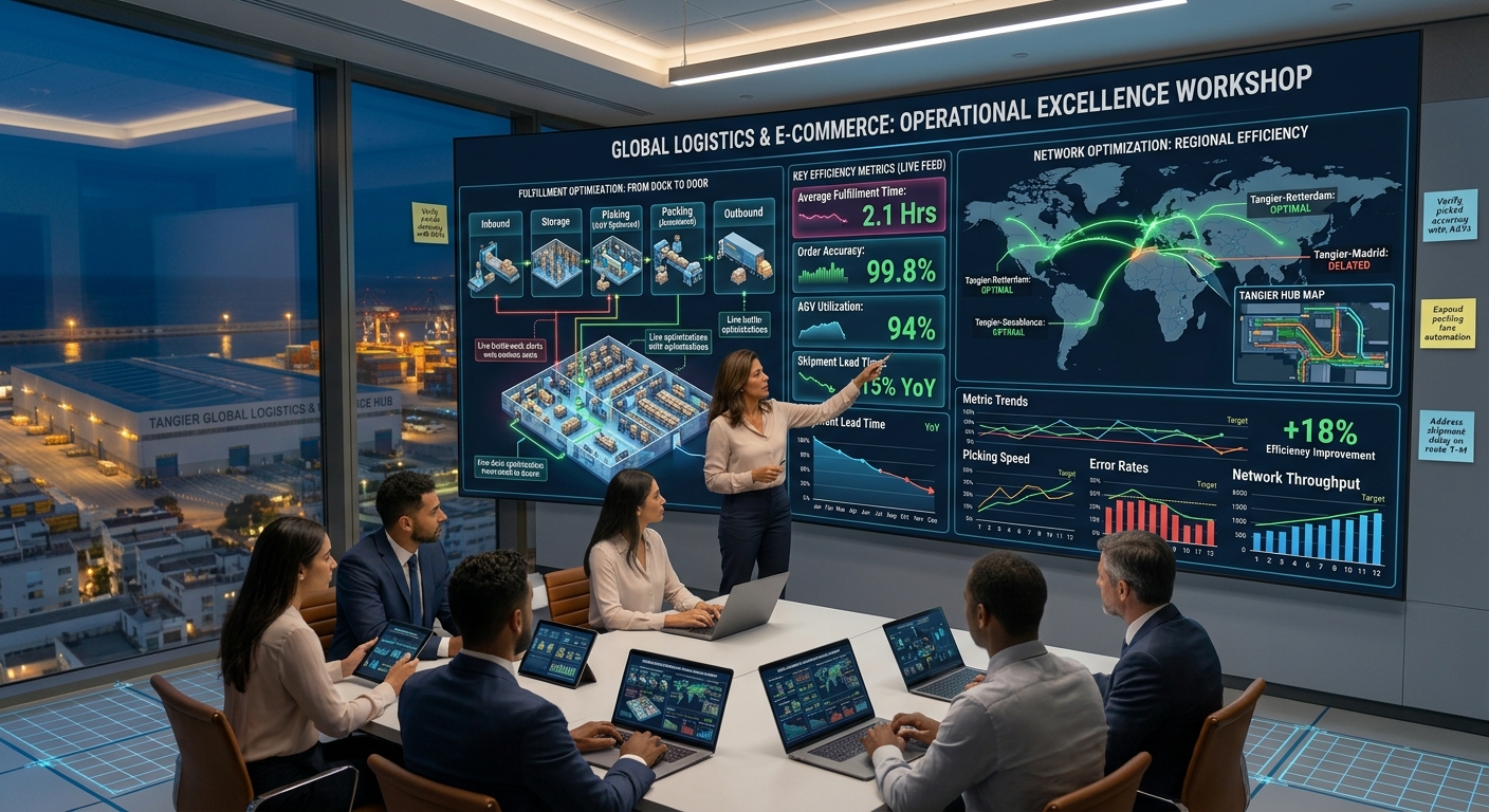 Operational excellence workshop with process optimization diagrams and efficiency metrics displayed on modern screens