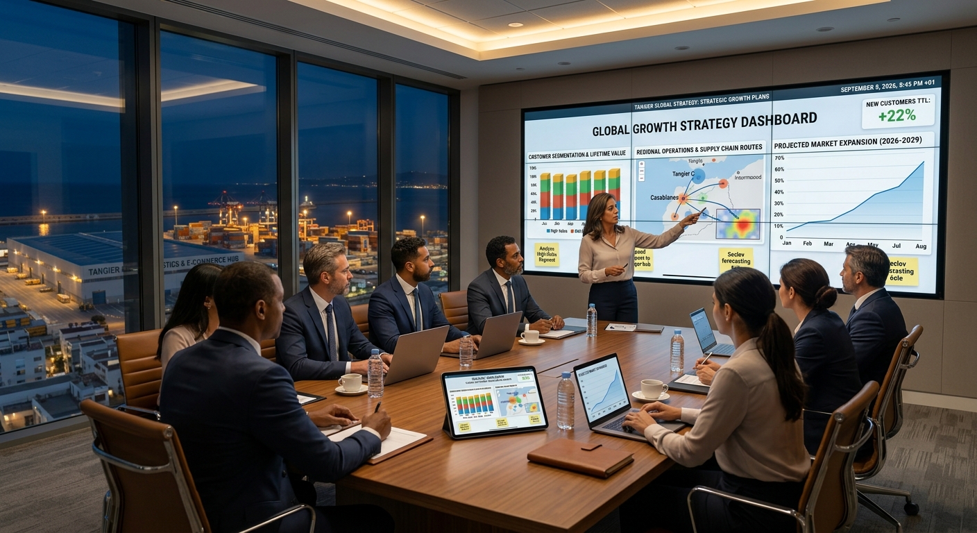 Professional business strategy meeting with executives discussing growth plans around a modern conference table with data visualizations on screens